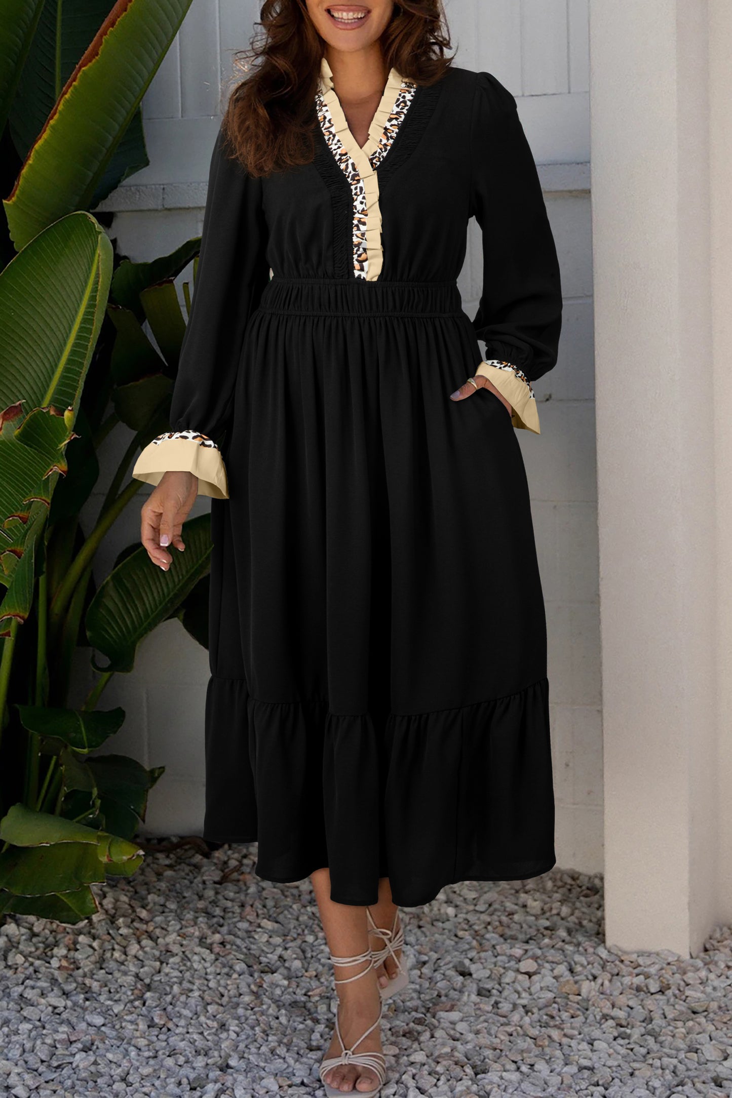 Clara | Solid Midi Dress with Leopard Frill