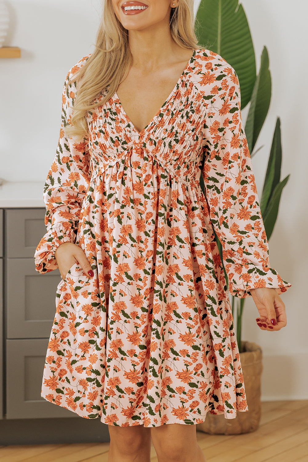 Elina | Beige Floral Deep V Neck Smocked Bust Bubble Sleeve Babydoll Dress