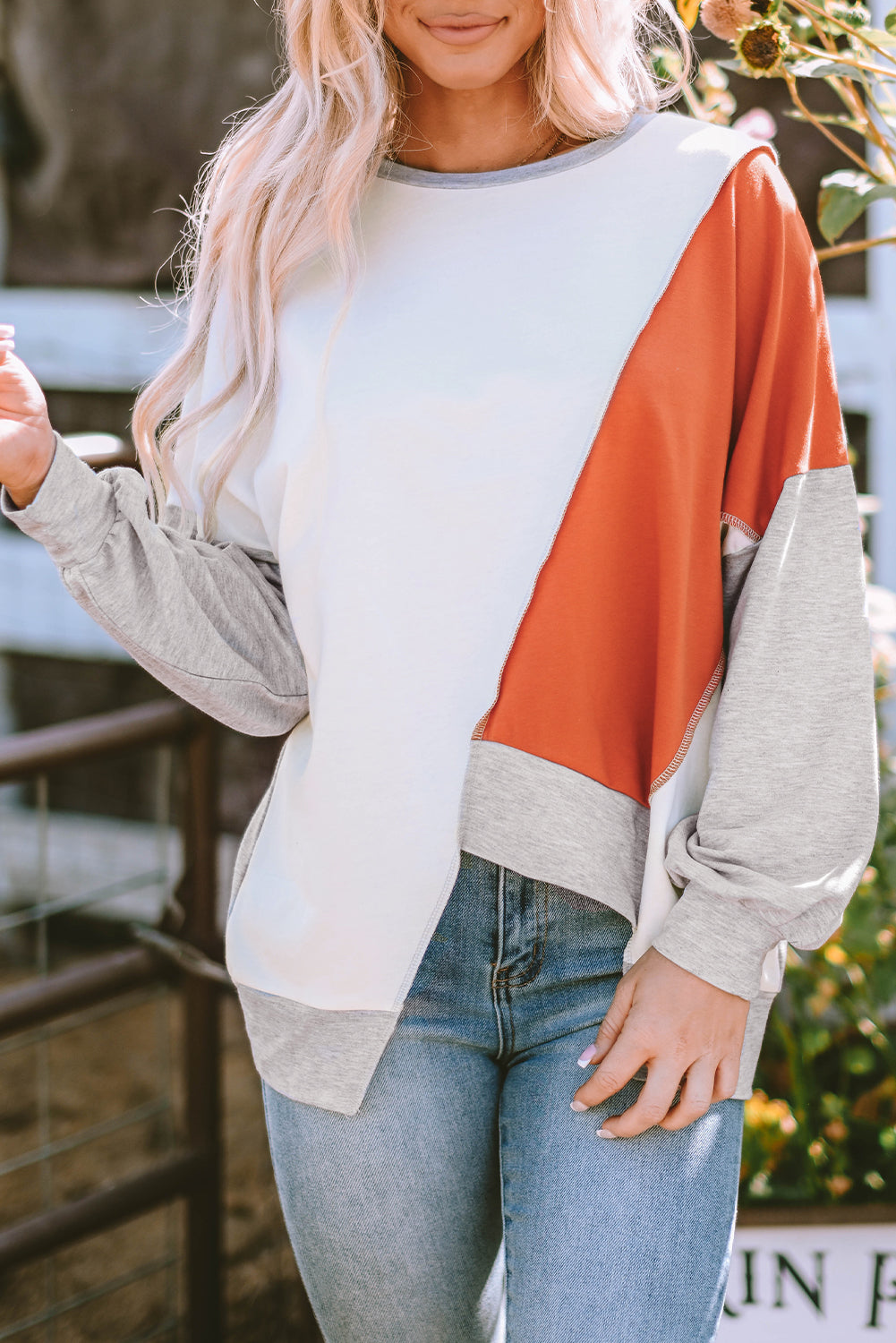 Sophia | Patchwork Long Sleeve Crew Neck Top