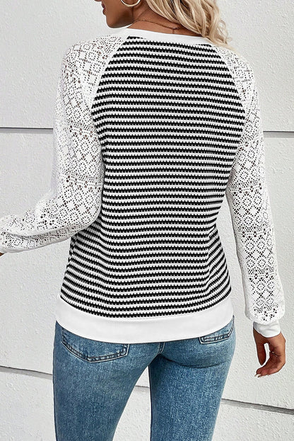 Amélie | Striped Textured Knit Top with Lace Patchwork