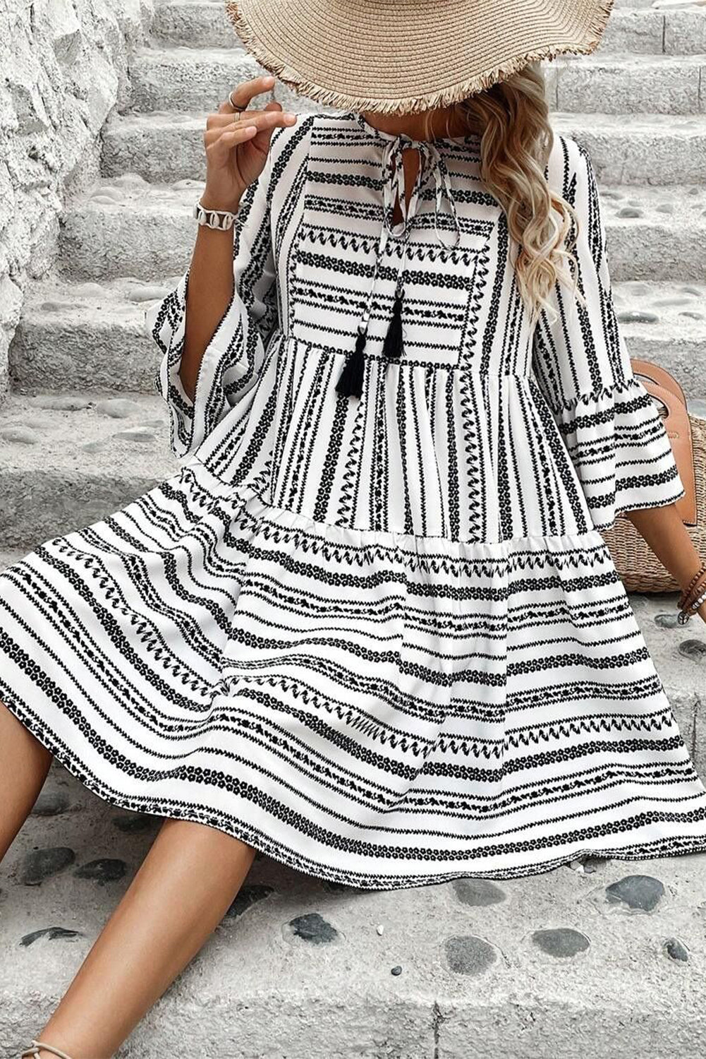 Sienna | Striped V-Neck Bell Sleeve Dress