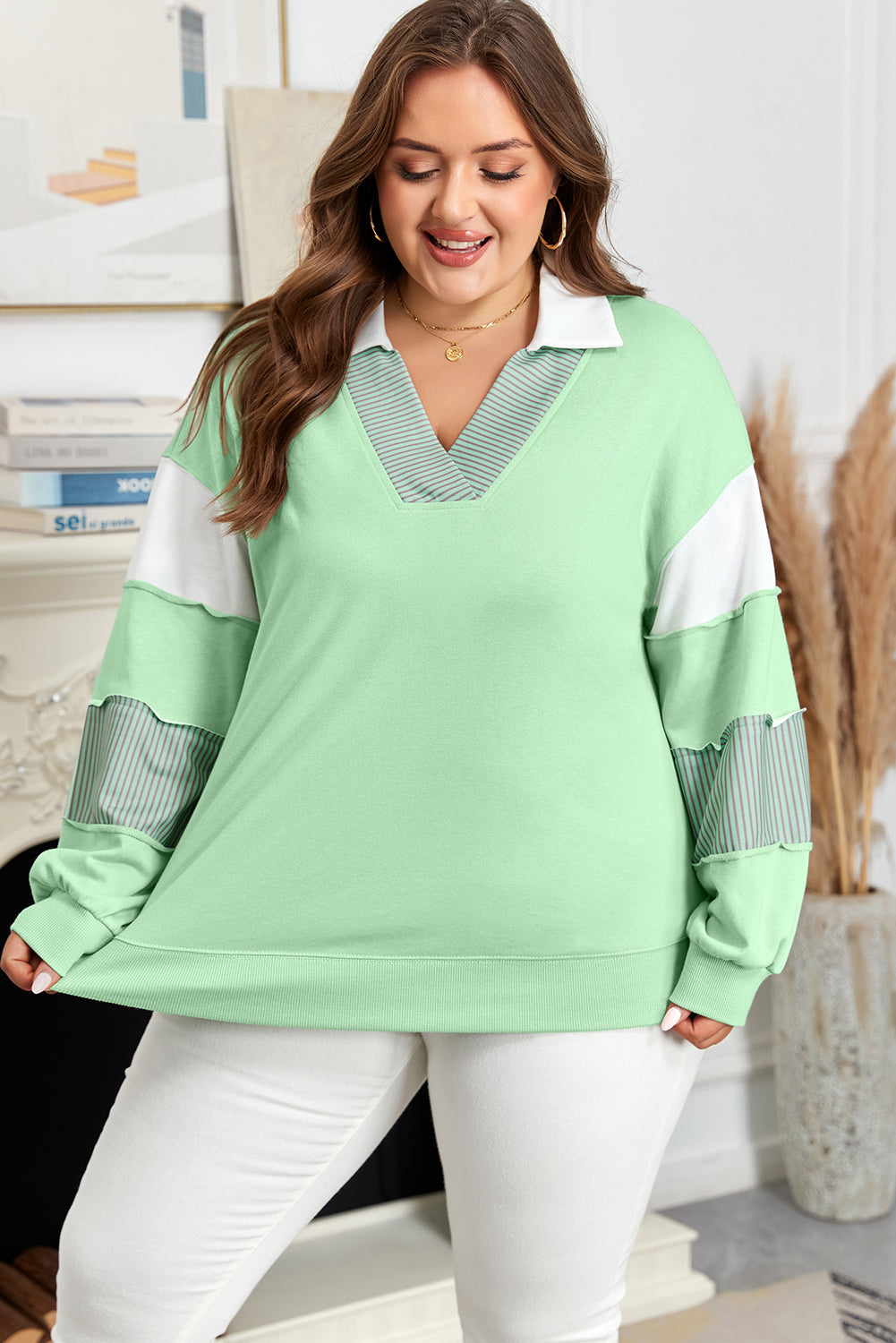 Mavies | Plus Size Green Patchwork Sweatshirt