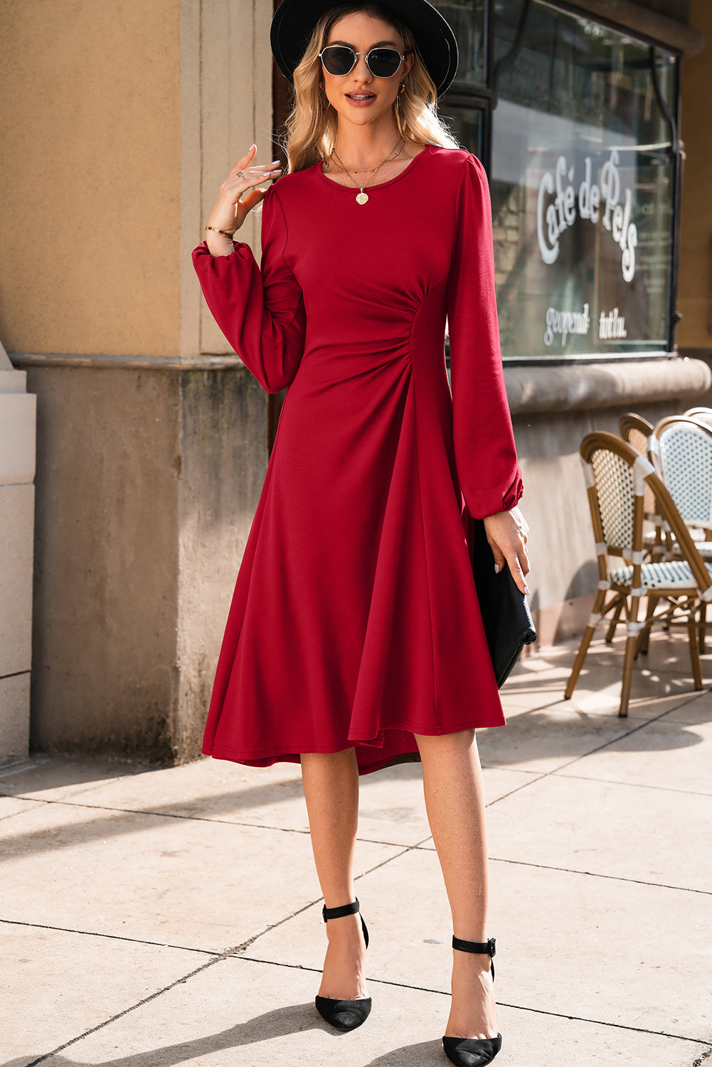 Isabella | Solid Color Ruched Midi Dress