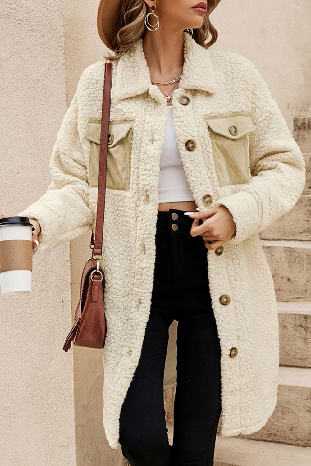 Maya | Long Teddy Coat with Contrast Pockets