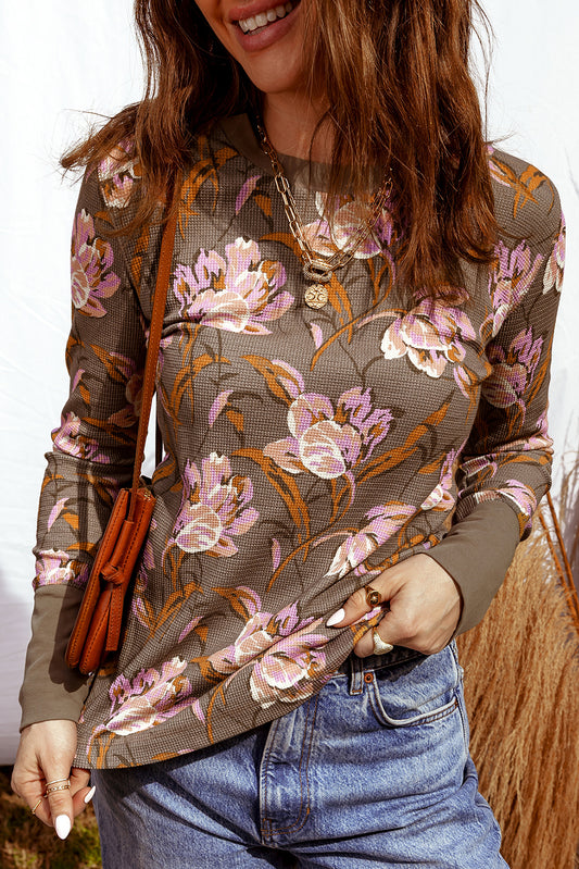 Vanya | Floral Waffle Knit Slim Long Sleeve Top