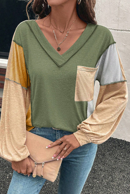 Nova | Exposed Stitch Colorblock V-Neck Top