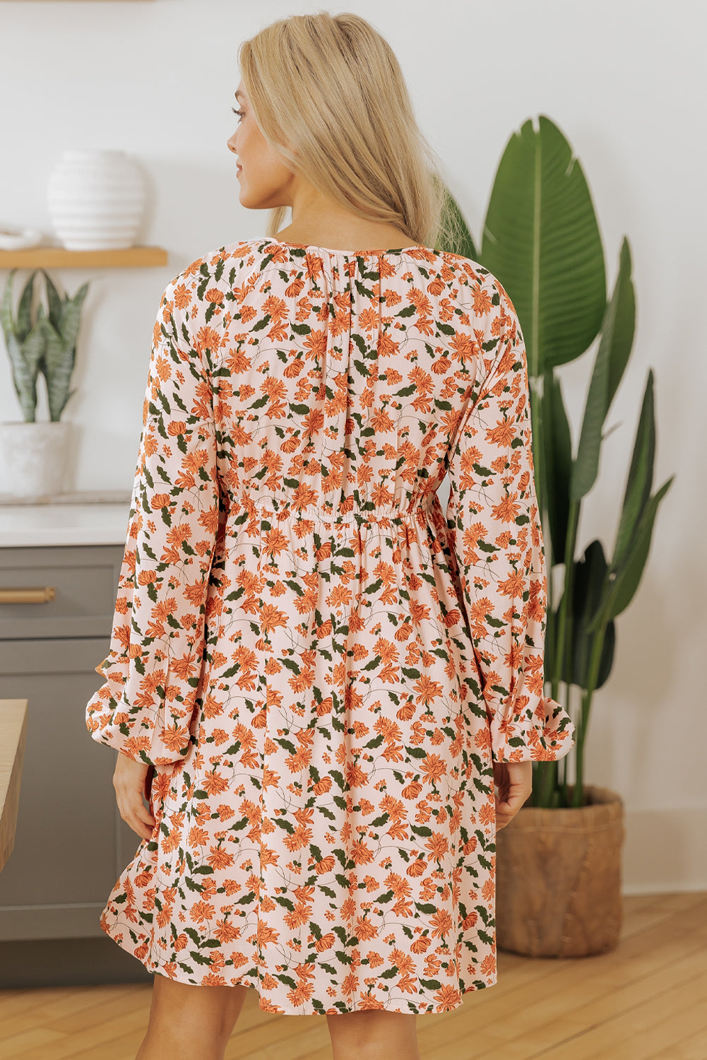 Elina | Beige Floral Deep V Neck Smocked Bust Bubble Sleeve Babydoll Dress