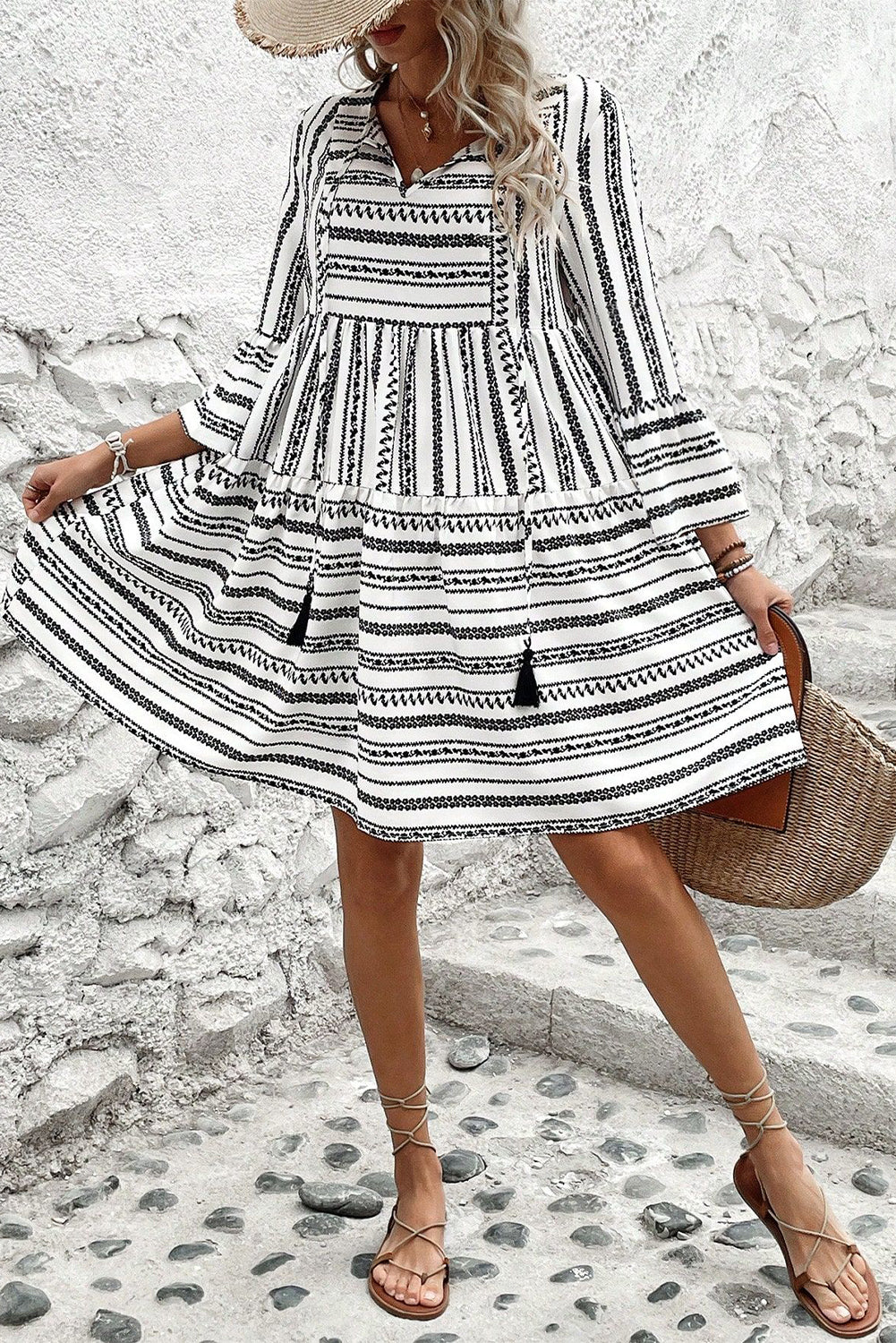 Sienna | Striped V-Neck Bell Sleeve Dress