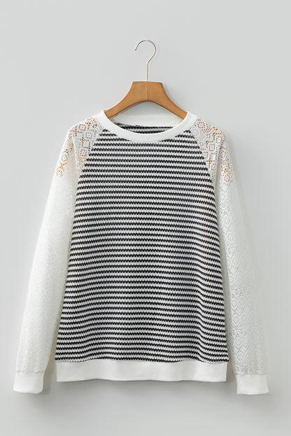 Amélie | Striped Textured Knit Top with Lace Patchwork