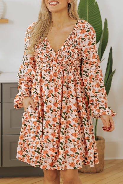 Elina | Beige Floral Deep V Neck Smocked Bust Bubble Sleeve Babydoll Dress