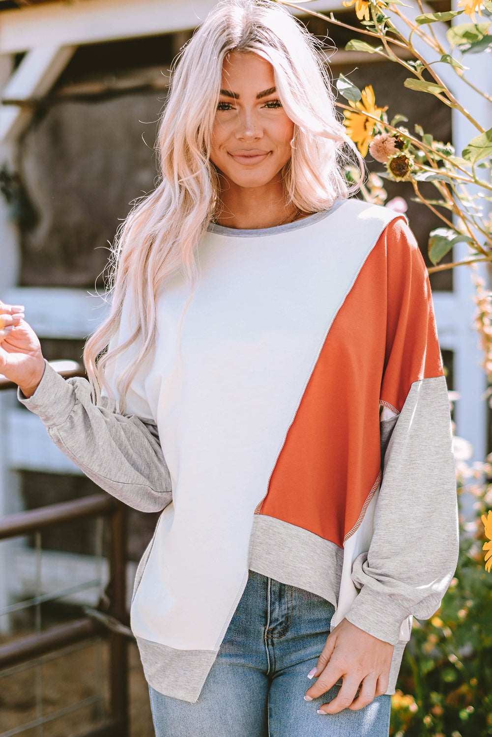 Sophia | Patchwork Long Sleeve Crew Neck Top
