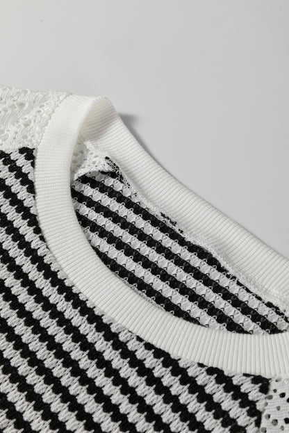 Amélie | Striped Textured Knit Top with Lace Patchwork