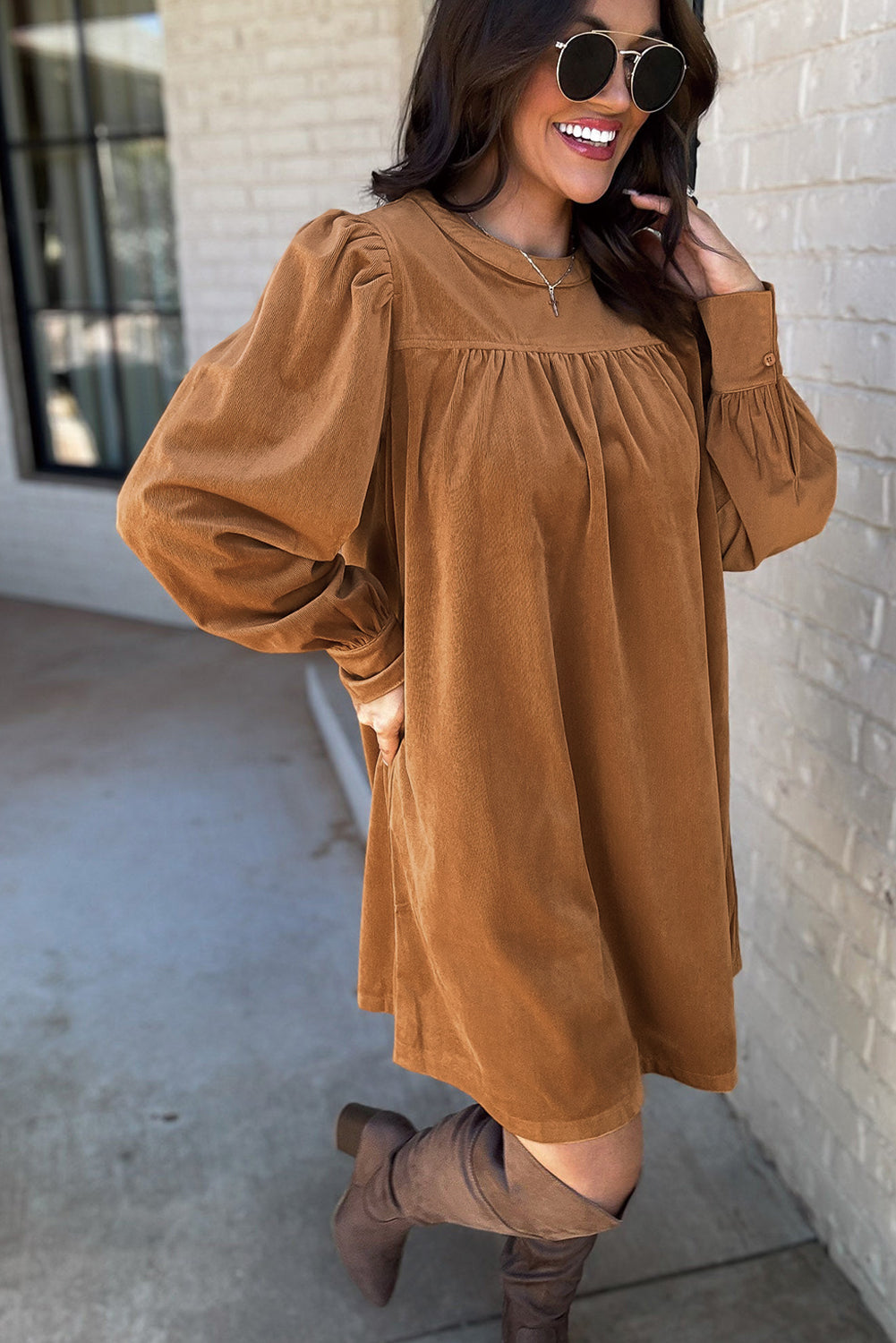 Aurora | Corduroy Puff Sleeve Shift Dress