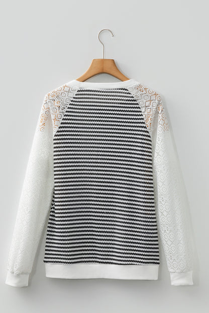 Amélie | Striped Textured Knit Top with Lace Patchwork